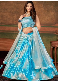  Sky Blue & White Pure Georgette Lehenga